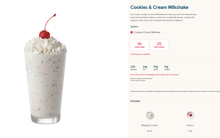 Chick Fil A Milkshake Menu Prices